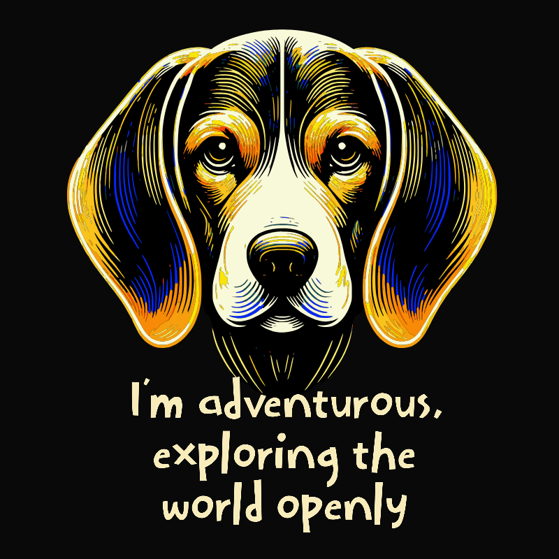 A vibrant T-shirt design featuring a bold, colorful cartoon of a beagle against a natural background. The T-shirt includes a powerful mantra in light yellow text: ' I'm adventurous, exploring the world openly.