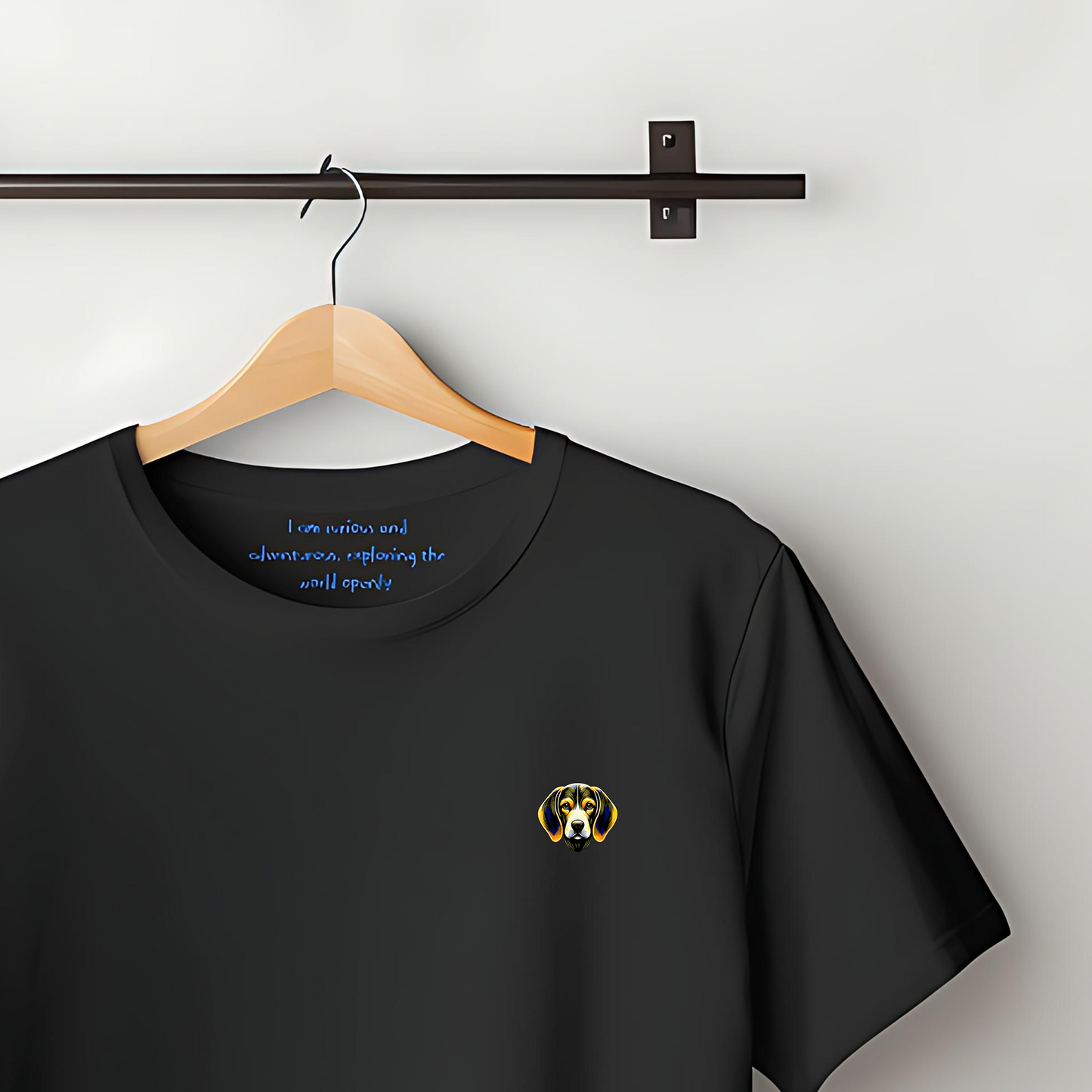 100% Organic Cotton Black t-shirt featuring a super-large bold, colourful graphic on the chest of a Beagle. Inside the collar, the text reads 'I'm adventurous, exploring the world openly'