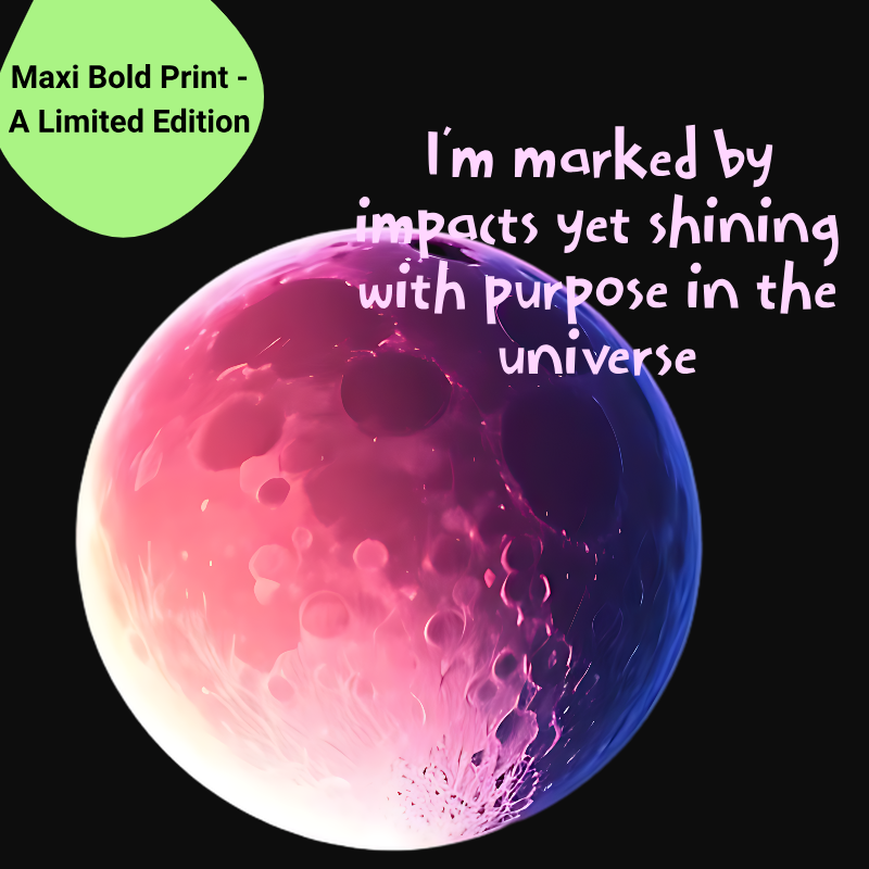A vibrant T-shirt design featuring a bold, purple moon against a natural background. The T-shirt includes a powerful mantra in purple text: ' I'm marked by impacts yet shining with purpose in the universe". The design is labeled as a "Maxi Bold Print - A limited edition" displayed on a bright green tag in the top left corner