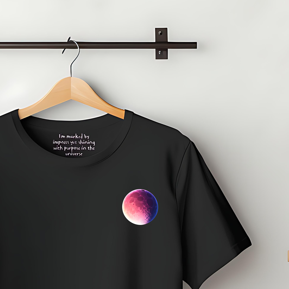 100% Organic Cotton Black t-shirt featuring a super-large bold, super-large graphic on the chest of a Purple Moon.Inside the collar, the text reads "I'm marked by impacts yet shining with purpose in the universe"