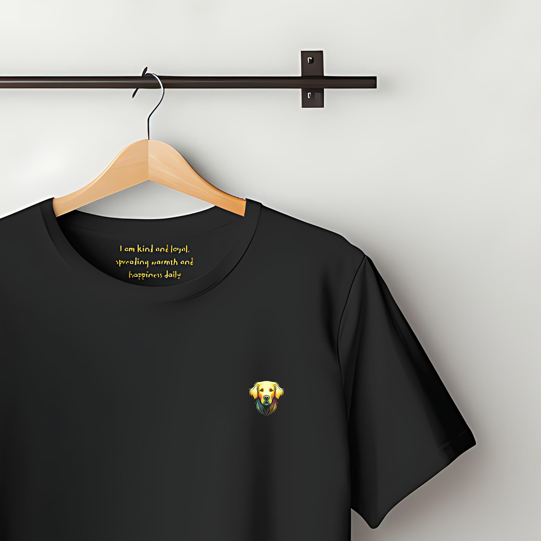100% Organic Cotton Black t-shirt featuring a bold, colourful graphic on the chest of a GoldenRetreiver. Inside the collar, the text reads " I am kind and loyal, spreading warmth and happiness daily."